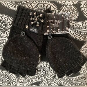 Victoria’s Secret Winter Angel Snowflake Sparkle Black Rhinestone Gloves